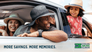 Family in car driving, looking happy
